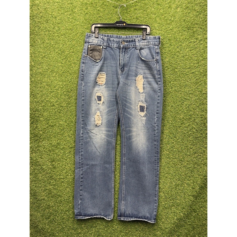 GS-115 Baggy Jeans Mens 34 Distressed Medium Wash Denim Straight Leg Loose Fit